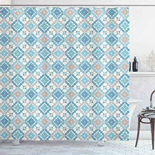 ABAKUHAUS Quatrefoil Duschvorhang, Tangled Moderne Fliesen, Stoffliches Gewebe Badezimmerdekorationsset mit Haken, 175 x 180 cm, Blau Tan Weiß