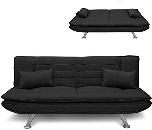 BAKAJI Divano Letto Ginevra Clic Clac 3 Posti Struttura in Legno Rivestimento in Tessuto Trapuntato Imbottito Piedini in Metallo con 2 Cuscini Dimensione 183 x 88 x 82 cm (Nero)