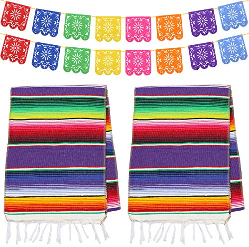 Dreamtop 2pcs 14 x 84 Zoll Mexikanischer Tischläufer Mexikanischen Serape Läufer Baumwolle Bunte Fransen Tisch Läufer mit 16pcs Papel Picado Banner Fiesta Banner für mexikanische Party Hochzeit
