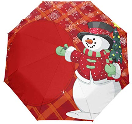 Bonhomme de Neige avec Arbre de Noël Pliant Parapluie Coupe-Vent Anti Bourrasque Pluie Ouverture Automatique Parapluie de Voyage Protection UV pour Homme et Femme