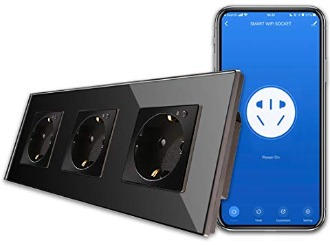 CNBINGO WLAN Schuko Steckdose Unterputz, 16 Amp Glas Smart Steckdose Arbeit mit Alexa(Echo, Echo Dot), Google Assistant, APP Steuerung, Nur 2.4 GHz WiFi, 3 Fach, Schwarz, 1er Pack