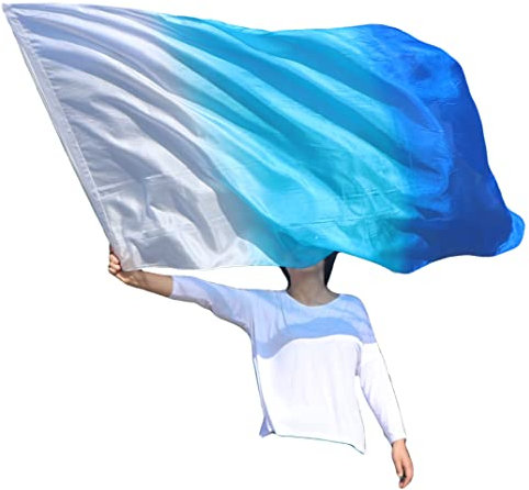 Winged Sirenny Leichte Prophetische Anbetungsfahne aus Seide mit flexiblem Stab für Spirituelle Tänze, Tanzveranstaltungen, Kirche & Feierlichkeiten. Handbemalte 178 x 89 cm (weiß-türkis-blau)