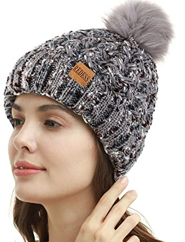 REDESS Femmes Hiver Pompon Bonnet Chapeau Polaire Doublé Chaud Chapeaux, Épais Slouchy Neige Tricot Bonnet Croisé pour Dames
