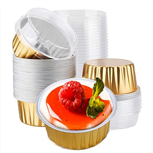 Lot de 50 moules à muffins jetables avec couvercles en aluminium pour crème brûlée Doré 125 ml
