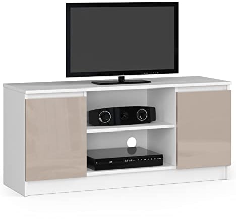 AKORD Fernsehkommode K-120 | EIN offenes Regalfach | 2 Ablagen mit Türen Links und rechts | H55 x B120 x T40 cm | Gewicht 30 kg | Gewicht 30 kg | Farbe Weiß/Glänzender Cappuccino