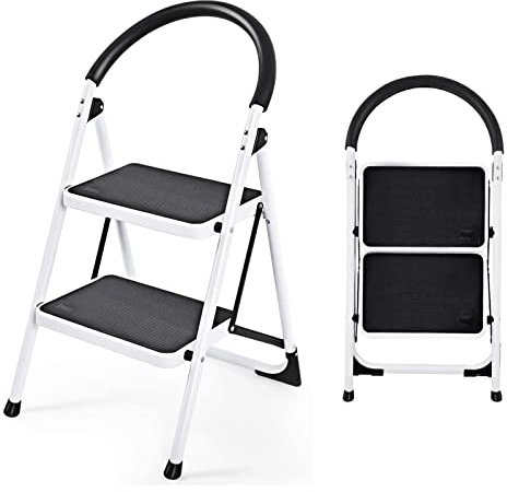 GYMAX Escabeau 2 Marches, Marchepied Pliable, Structure Stable Triangulaire, Pied Antidérapant, Léger et Portable, Charge 150 KG, pour Ménage, Bureau, Magasins, Librairies