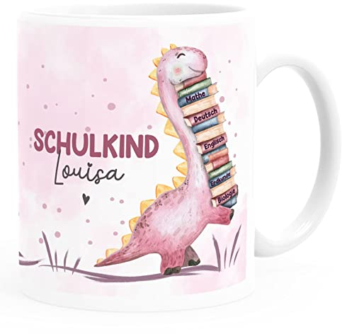 SpecialMe® Kindertasse Kunststoff Schulkind Dino Geschenk Einschulung personalisiert mit Namen Jungen Mädchen Mädchen kunststoff-weiß standard