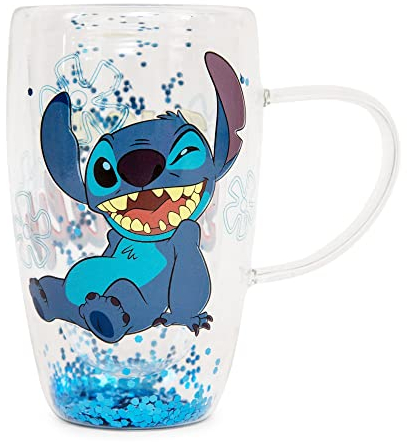 Disney Lilo & Stitch Ohana Means Family - Taza de vidrio con confeti | Taza de café grande de 15 onzas para expreso, té