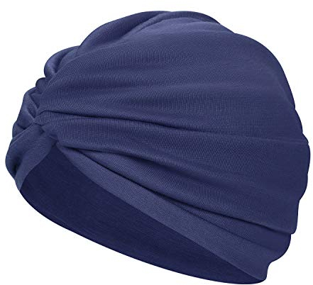 Turban Damen Mode Kappe Afrikanisch Kopftuch Kopfwickel Mütze Vorgebunden Knot Schlafhut Baumwolle Turbanhut Elasitisch Schlafmütze Plissee Kopfbedeckung für Haarverlust Schlafen Freizeit Dunkelblau