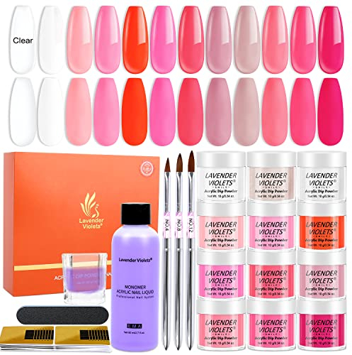 Lavender Violets Acrylic Powder Nail Kit 12 Colours Clear White Spring & Summer Pink Red Glitter French Nail Extention EMA Monomer Liquid Set Carving Brushes File Kit N648