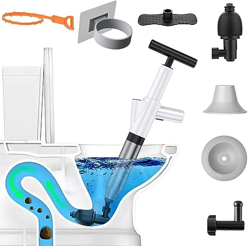 NewFree Toilet Plunger, High Pressure Plunger Kit with Real-Time Barometer, Stainless Steel Air Drain Blaster Gun with 4 Replaceable Heads and 3 Hair Cleaner, for Sink/Floor Drain/Pipe Clog