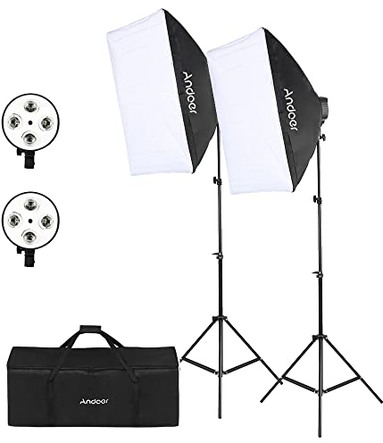 Andoer Softbox Beleuchtungsset - 2 x 50 x 70cm Mit 2 x 4in1 Lampenfassung, 2 x 2M Lichtstativ, Tragetasche für Studio Portrait, Produktfotografie, Modefoto, YouTube