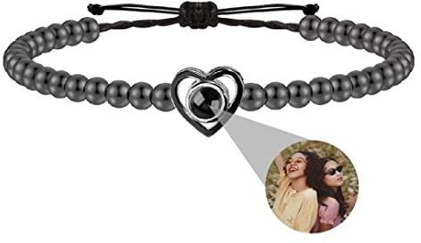 Personalisierte Foto Armband Herz Projektion Armband mit Versteckte Bild Rund Perle Ich liebe dich Armband 100 Sprachen für Damen Herren Freunde Weihnachten Memorial Geschenk Silber RoseGold Schwarz