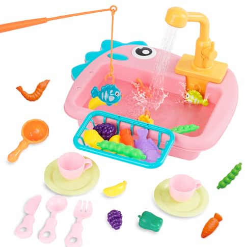 Fregadero de Juguete de Cocina con Agua Corriente, Juego de Pesca, lavavajillas Juguete de Hogar y Cocina con Accesorios Utensilios, Grifo de Agua, Juegos de rol Regalo para Niñas y Niños