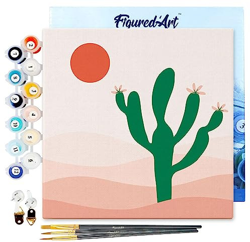 Figured'Art Mini Malen Nach Zahlen Erwachsene Mit Rahmen 20x20cm Kleines Format - Kaktus - Paint by Numbers Basteln DIY Bastelset Leinwand gespannt auf Holzrahmen