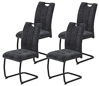 Hela Tische, 4er Set Esszimmerstuhl Karla, Schwingstuhl, Küchenstuhl, Webstoff Plüsch Teddyoptik Anthrazit, Rundrohgestell + Griff Schwarz