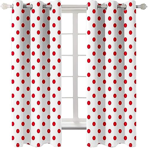 Homxi Blickdichte Vorhänge Kinderzimmer 2er Set,2 x 107W x 115H cm,Gardinen Blickdicht Kinderzimmer Rot und Weiß Tupfenmuster Vorhang Ösenringe