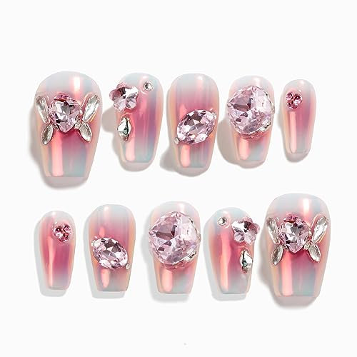 Sun&Beam Nails Handmade Press-on Short Coffin Ballerina Pink White Silver glossy Gradation Rhinestone Design Fashion False Nail Tips 10 Pcs Set (#101 XS)