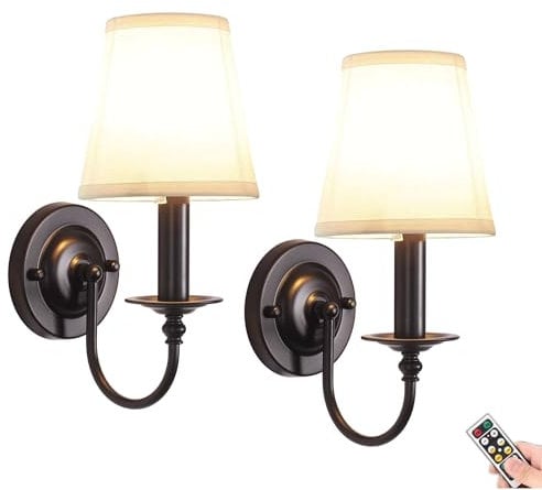 Vintage Sconce Wall Lighting Battery Operated with Remote,No Wiring Wall Sconce W Timer and Dimmable,Small Fabric Shade Black Wall Light Fixture Indoor Decor for Bedroom Living Room Hallway Porch (Co