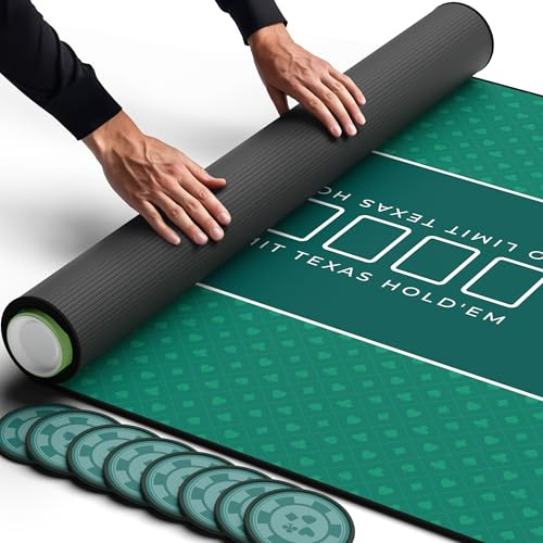 Newverest Tischauflage Texas Hold’em 180 x 90 cm – Casino Poker Matte für bis zu 10 Spieler, Spielabende zu Hause | Poker Matte mit Reißverschlusstasche, 8 Untersetzer & Geschenkbox