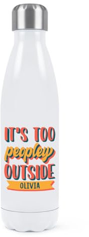 Borraccia termica in acciaio inox a doppia parete con scritta It's Too Peopley per bevande sportive, 500 ml, colore: bianco