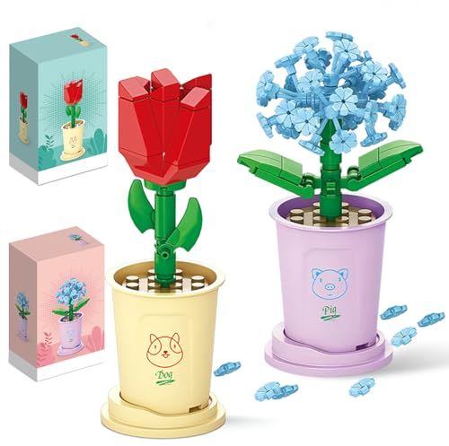 Blumen Bausteine Set, 2 Stücke Rose + Hortensie DIY Mini-Topfpflanze Blumen Montagemodell, Miniatur Bausteine, Baustein Blumenanzug Blumentopfpflanzen