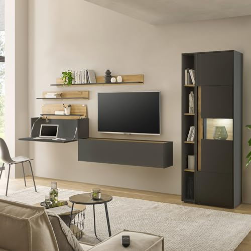 Lomadox Wohnwand mit Homeoffice-Lösung anthrazit mit Eiche 6-teilig modern, 1 Vitrine mit Beleuchtung, 1 Regal, 1 TV-Hängeschrank, 2 Wandregale, 1 Hängesekretär