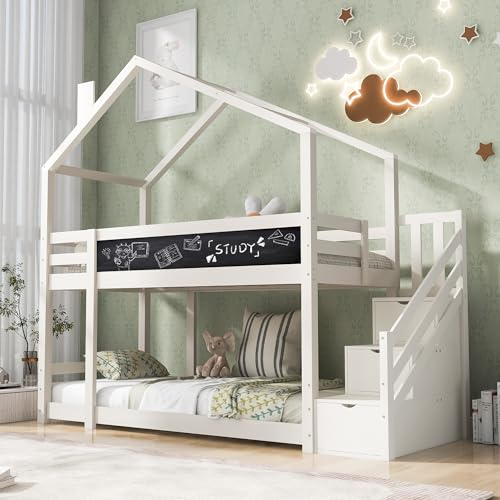 Kinderbett Hausbett 90x200 Etagenbett für 2 Kinder, Baumhaus Hochbett Jugendbett mit Tafel und 3 Speicherung Treppe, Holzbett mit Rausfallschutz und Lattenrost, Treppe, ohne Matratze, Weiß
