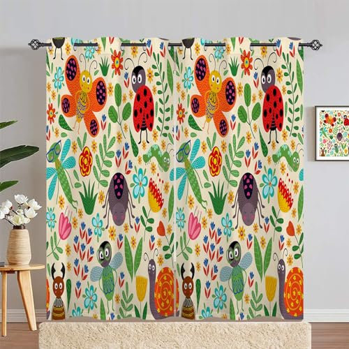 ANHOPE Nette Cartoon Tier Insekt Blickdichte Gardinen mit Ösen Thermo Vorhänge Kinder Jungen Mädchen Vorhang Blackout Curtain Wohnzimmer Schlafzimmer Verdunklungsvorhänge 2er Set H 214 x B 117 cm