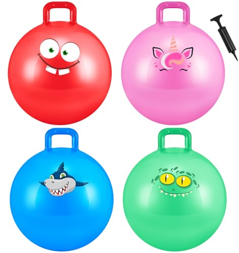 Sinmoe 4 Pcs Hopper Balls for Kids, 18 Inch Inflatable Jumping Bouncy Ball with Handle Space Hopper with Pump for Games Outdoor Indoor Sports Exercise