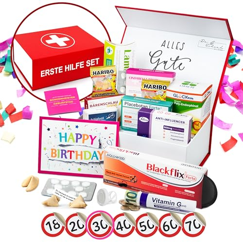 Lustiges Erste Hilfe Set - Geschenkbox - 12-teilig - Witziges Geburtstagsgeschenk zum 30. Geburstatg mit vielfältigem Inhalt - für Männer und Frauen inkl. Geldgeschenk, Sticker und Geburtstagkarte