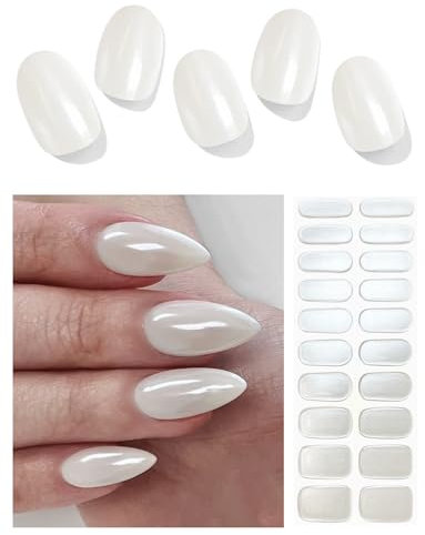AutyaMee Semi Cured Gel Nail Strips (White Pearl Glazed), Chrome, 20 Pcs Gel Nail Wraps, Stickers, UV Light Required, Salon Quality, Long Lasting