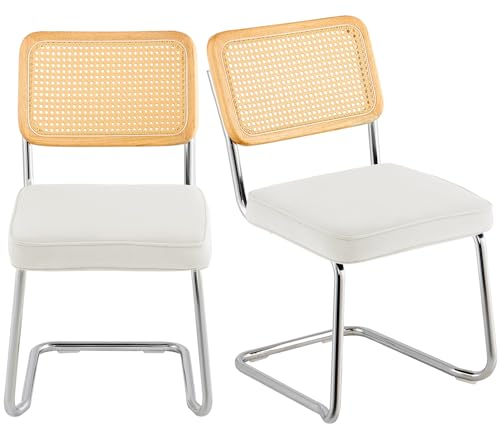 VEVOR Rattan Chairs, Set of 2, Mid Century Modern Dining Chair, Upholstered Velvet Accent Chair with Rattan Back, Retro Dining Room Kitchen Chair for Living Room, Bedroom, Reading Room, Office, White