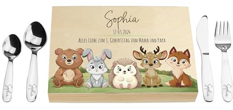 LAUBLUST Kinderbesteck mit Namensgravur - Waldtiere Motiv | Geschenkbox Natur - Besteck mit Namen | Geschenk zur Taufe für Kinder - Taufgeschenke für Jungen & Mädchen | Personalisierte Erinnerungsbox