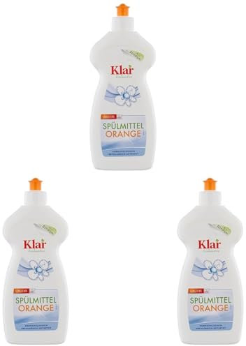 Klar Spülmittel 500 ml I Umweltfreundliches Spülmittel-Konzentrat mit zartem Orangen-Duft I Für ein strahlend sauberes Geschirr I Frei von synthetischen Duft- & Farbstoffen I Vegan (Packung mit 3)