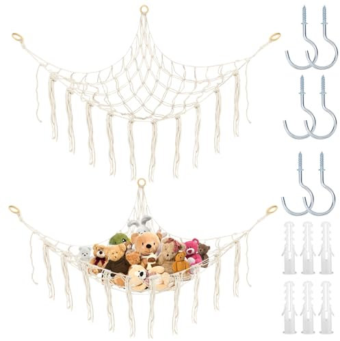 CHRI 2er-Pack Kuscheltier Aufbewahrung Netz Boho Makramee Stofftier Hängematte Spielzeug Aufbewahrung für Kinderzimmer Deko