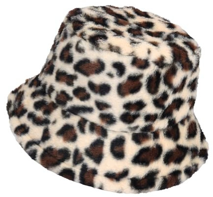 Manfnee Leopard Eimer Hut Winter Kunstpelz Fuzzy Eimer Hut Flauschig Warm Hut für Frauen Männer
