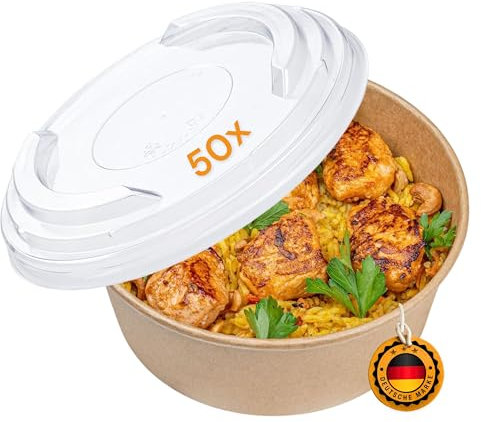 Ensaladera LogiPack GeRo de 50 piezas con tapa – Ensaladera de cartón kraft, 500 ml | Ensaladera redonda, vajilla desechable para aperitivos, cuencos y envases de alimentos