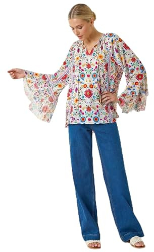 Roman Originals Tie Front Floral Print Top for Women UK - Ladies Everyday Holiday Spring Summer Notch Neckline Comfy Soft Evening Vacation Work Party