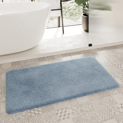 Homie Living Porto Azzurro Badteppich, 80 x 150 cm, Rauch blau | Badematte kuscheliger Flauschiger weicher Flor l rutschfest und Waschbar