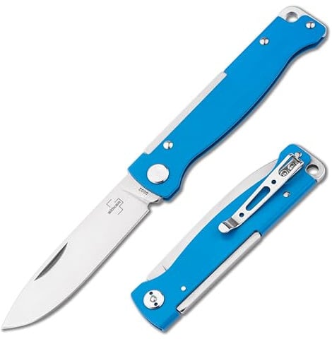 BÖKER PLUS® Atlas Blue Klappmesser - Zweihand Vollmetall Taschenmesser mit scharfer Sandvik Nagelhau Klinge - EDC Folder Knife mit Metallgriff aus Edelstahl blau - 42a konformes Slipjoint Faltmesser