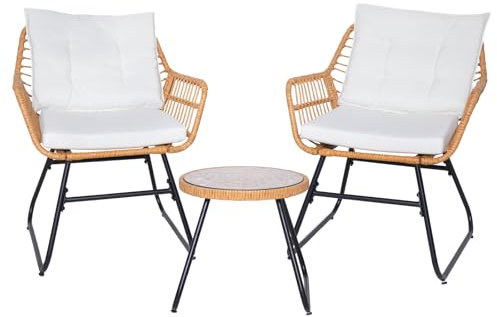 SVITA Amalfi Rattan Sitzgruppe Outdoor Gartenlounge Sitzgruppe 2 Personen Balkonset 3-TLG. Gartenmöbel Set inkl. Kissen Bistroset Polyrattan Natur