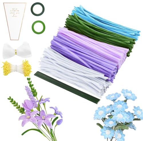 MOTONG 400 Stück Pfeifenreiniger zum Basteln-4 Farben pfeifenreiniger Blau Lila zum Chenilledraht, 360 Stück Staubgefäße 20 Stück Blumendraht zum Basteln mit Geschenkband Pfeifenputzer Blumen Set