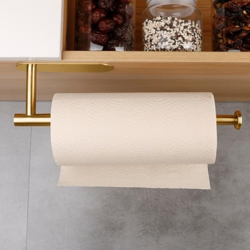 DIYZON Küchenrollenhalter, Selbstklebend oder Gebohrt, Unter dem Schrank Montierter Papierhandtuchhalter, Wandmontage aus Edelstahl, Papierhandtuchrollenhalter, Geeignet für Küche, Bad (Gold)