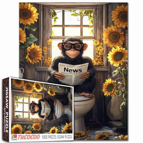 Tucocoo Affe Bauernhaus Kunst Puzzle 1000 Stück Sonnenblumen Rustikale Toilettenpuzzles für Erwachsene, Tierlesen Zeitungspuzzle für herausfordernde Familienaktivitätsspiele DIY Handwerk Geschenk