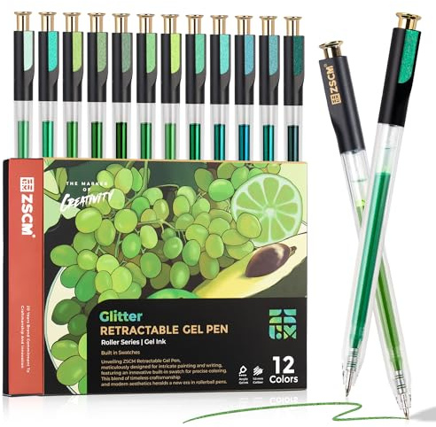 ZSCM Einziehbare Glitzer-Gelstifte, 12 Farben, große Kapazität, grüner Glitzer, metallischer Gelschreiber, 1 mm feine Spitze, glattes Schreiben, Farbstifte für Erwachsene, Malbuch, Notizen