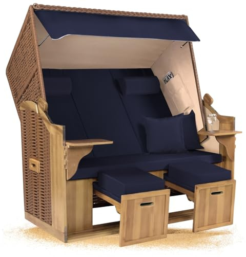 Strandkorb Hanse Ostsee XXL 2,5 Sitzer Volllieger Natur Beige 150cm breit, ideal für Garten, Terrasse und Balkon (Blau Uni, Montiert)