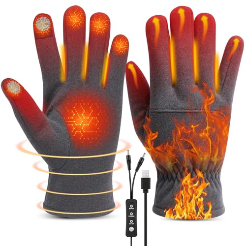 Lomffy USB Beheizte Handschuhe für Damen und Herren, Winter Vollfinger Beheizte Fäustlinge Beheizbare Handschuhe Winterhandschuhe mit 3 Stufentemperaturen & Handrücken & 5 Finger Heizung (Dunkelgrau)