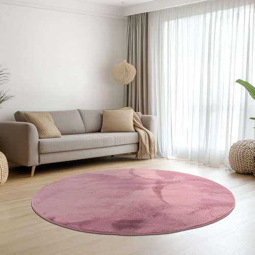 Teppich-Traum Kurzflor Teppich Rund Hasenfell-Optik Berry Ø 140 cm | Samtweich und schimmernd, pflegeleicht, rutschhemmend, robust, saugrobotergeeignet, OEKO-TEX geprüft, Schlaf- & Gästezimmer