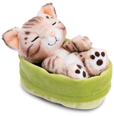 NICI Kuscheltier Katze Bengal 12cm schlafend im Körbchen - bunt - 63132 | Stofftier aus weichem Plüsch, niedliches Plüschtier zum Kuscheln und Spielen, für Kinder & Erwachsene, tolle Geschenkidee